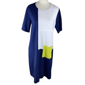 Joan Vass Colorblock Sheath Dress Navy White Yellow Pocket Short Sleeve size 2